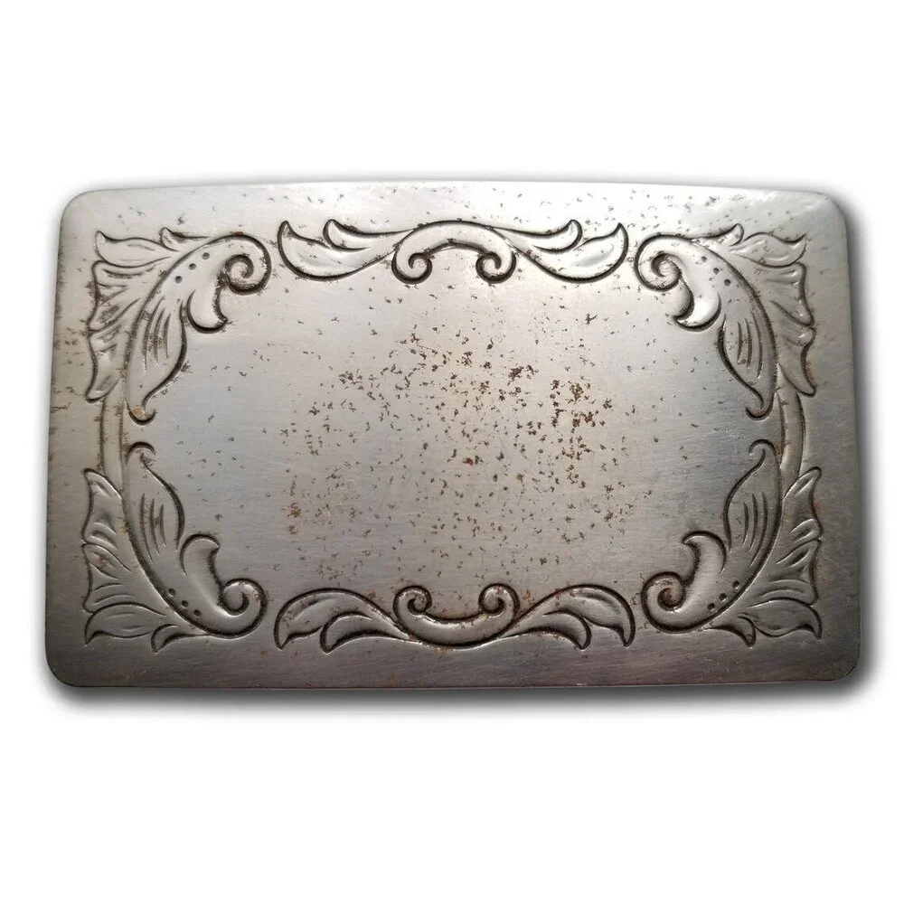Belt Buckle Silver‎ Color Engraved Stamped Filigree Leaves Western Square USA